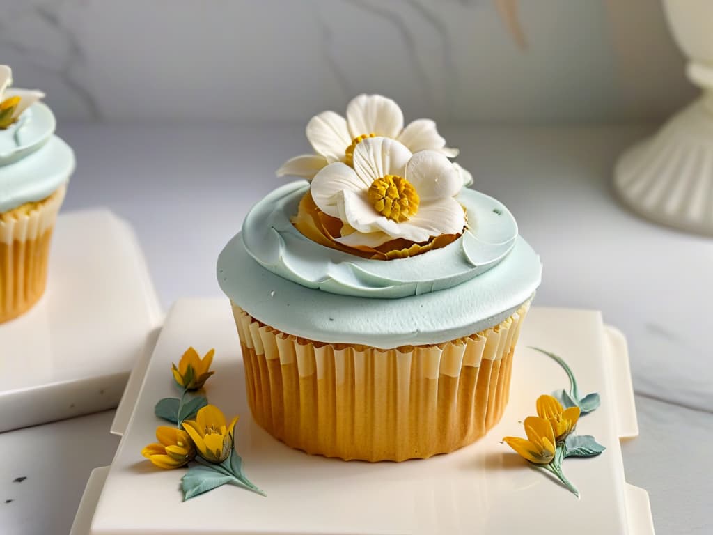  An ultradetailed closeup image of a perfectly frosted cupcake, topped with delicate edible flowers and gold leaf accents, set against a sleek marble backdrop. The frosting is meticulously piped in intricate swirls, showcasing the precision and artistry involved in pastry decoration. The color palette is soft pastels with a pop of gold, emphasizing elegance and sophistication in dessert presentation. hyperrealistic, full body, detailed clothing, highly detailed, cinematic lighting, stunningly beautiful, intricate, sharp focus, f/1. 8, 85mm, (centered image composition), (professionally color graded), ((bright soft diffused light)), volumetric fog, trending on instagram, trending on tumblr, HDR 4K, 8K