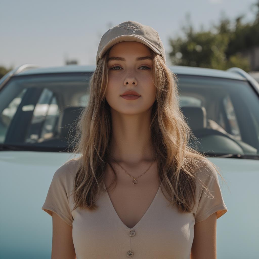  good quality, high quality, girl in front of car