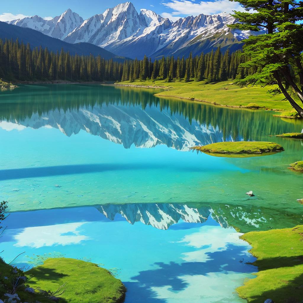  as a painting, Convey the serene majesty of towering mountains reflected in the crystal-clear waters of a tranquil alpine lake, using your unique artistic vision to evoke a sense of awe and tranquility.