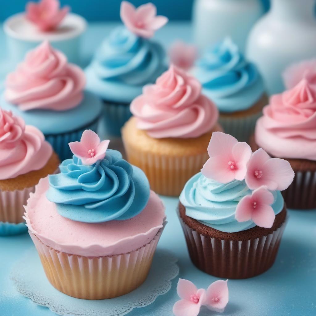  Blue and pink cakes close -up on a blurry delicate background of multi -colored kitchen realistically