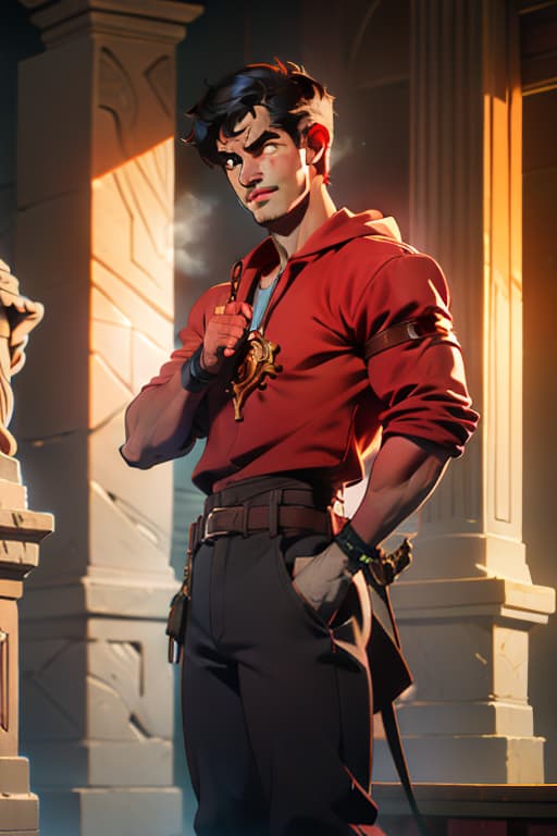  male focus, solo, upper body, human, sorcerer, (medium breasts:1.1), muscular, abs, biceps, (tan skin:1.1), brown eyes, (scowling:0.8), half smile, red t shirt, cleavage cutout, black pants, belt, indoors, (crystals:0.9), (blood:1.1), ancient temple, (sun symbol:1.1), fire symbol, blood magic, stone altar, (runes:1.1), statues, pillars, underground, detailed background, DnD hyperrealistic, full body, detailed clothing, highly detailed, cinematic lighting, stunningly beautiful, intricate, sharp focus, f/1. 8, 85mm, (centered image composition), (professionally color graded), ((bright soft diffused light)), volumetric fog, trending on instagram, trending on tumblr, HDR 4K, 8K