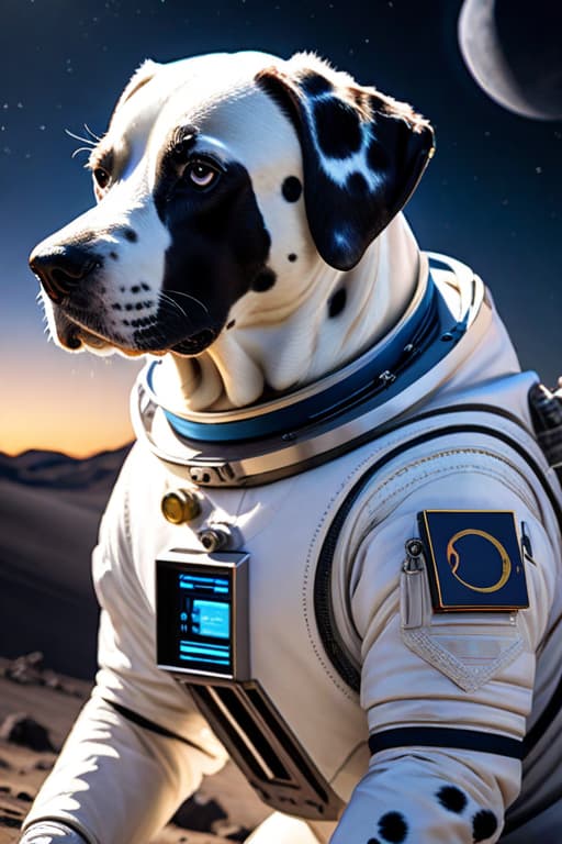  Dog Dalmatian , in space suits on the Moon , high detailed , 8K hyperrealistic, full body, detailed clothing, highly detailed, cinematic lighting, stunningly beautiful, intricate, sharp focus, f/1. 8, 85mm, (centered image composition), (professionally color graded), ((bright soft diffused light)), volumetric fog, trending on instagram, trending on tumblr, HDR 4K, 8K