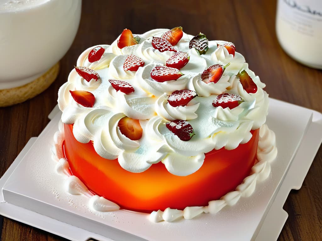  A closeup, ultradetailed image of a vibrant red goji berry nestled in a bed of fluffy white whipped cream, showcasing the contrasting textures and colors. The goji berry glistens with tiny water droplets, emphasizing its freshness and juiciness, while the soft peaks of the whipped cream provide a delicate backdrop, creating a visually striking and appetizing composition. hyperrealistic, full body, detailed clothing, highly detailed, cinematic lighting, stunningly beautiful, intricate, sharp focus, f/1. 8, 85mm, (centered image composition), (professionally color graded), ((bright soft diffused light)), volumetric fog, trending on instagram, trending on tumblr, HDR 4K, 8K