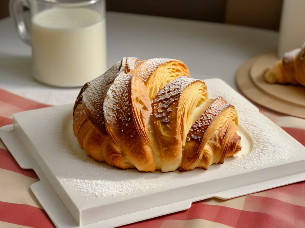  A closeup, ultradetailed image of a perfectly baked, golden brown croissant placed on a sleek, modern white plate. The croissant is delicately sprinkled with powdered sugar, and a small dollop of rich, creamy butter is slowly melting on top, creating a glossy sheen. The background is softly blurred, emphasizing the buttery goodness of the pastry, with subtle hints of a cozy kitchen setting. hyperrealistic, full body, detailed clothing, highly detailed, cinematic lighting, stunningly beautiful, intricate, sharp focus, f/1. 8, 85mm, (centered image composition), (professionally color graded), ((bright soft diffused light)), volumetric fog, trending on instagram, trending on tumblr, HDR 4K, 8K