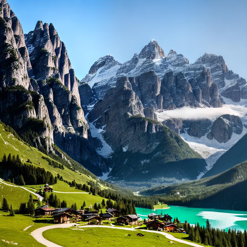  ((masterpiece)), (((best quality))), 8k, high detailed, ultra-detailed. A breathtaking view of the majestic Alps mountain range, with snow-capped peaks and lush green valleys stretching as far as the eye can see. The main subject is a lone hiker ((standing on a rocky cliff)), marveling at the awe-inspiring landscape. The scene is bathed in golden sunlight, casting long shadows and creating a warm, inviting atmosphere. The crystal-clear blue sky above is dotted with fluffy white clouds. In the distance, a small mountain village nestled among the trees adds a touch of charm to the scene. The pristine alpine lake below reflects the grandeur of the mountains, shimmering with shades of turquoise and emerald. Birds soar gracefully in the sky, add hyperrealistic, full body, detailed clothing, highly detailed, cinematic lighting, stunningly beautiful, intricate, sharp focus, f/1. 8, 85mm, (centered image composition), (professionally color graded), ((bright soft diffused light)), volumetric fog, trending on instagram, trending on tumblr, HDR 4K, 8K