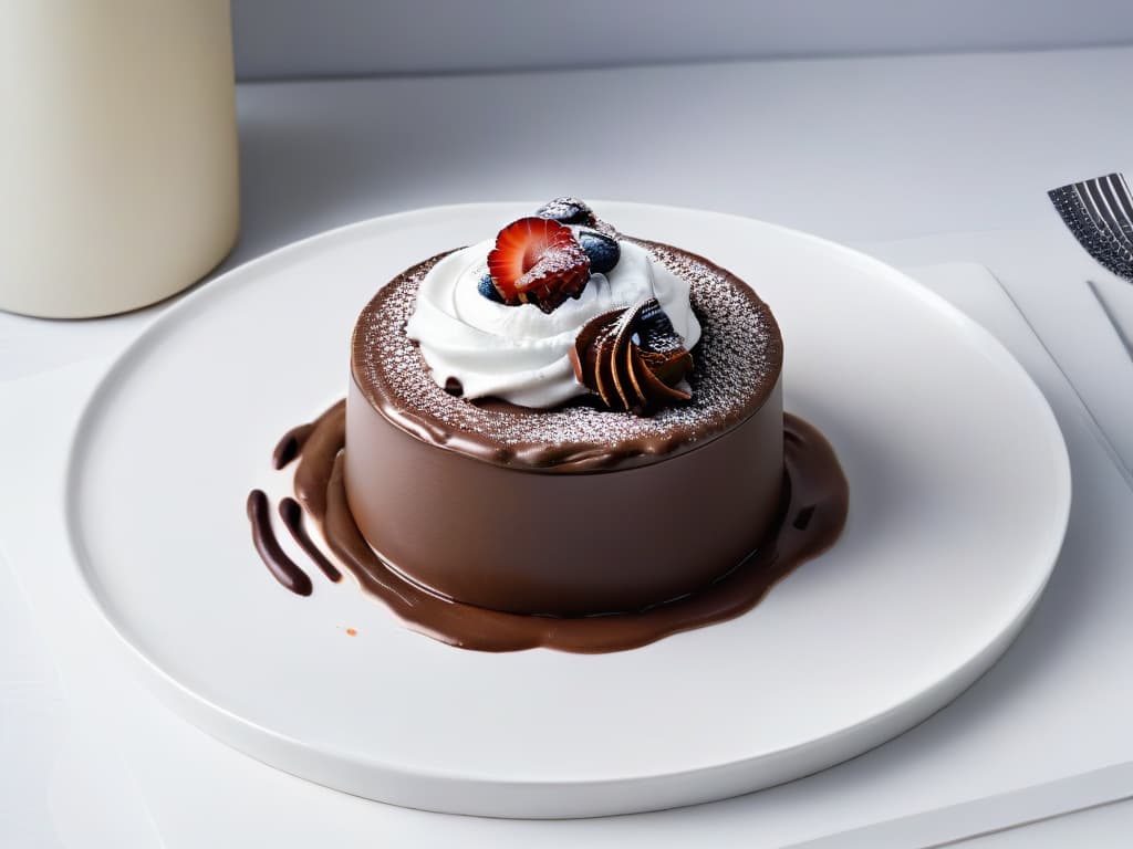  An ultradetailed closeup image of a decadent, glossy chocolate mousse in a pristine white porcelain ramekin, adorned with a single delicate chocolate curl on top. The smooth texture of the mousse reflects the surrounding light, creating a mesmerizing play of shadows and highlights. The rich, dark chocolate color contrasts beautifully with the minimalist white background, emphasizing the luxurious simplicity of this timeless dessert. hyperrealistic, full body, detailed clothing, highly detailed, cinematic lighting, stunningly beautiful, intricate, sharp focus, f/1. 8, 85mm, (centered image composition), (professionally color graded), ((bright soft diffused light)), volumetric fog, trending on instagram, trending on tumblr, HDR 4K, 8K