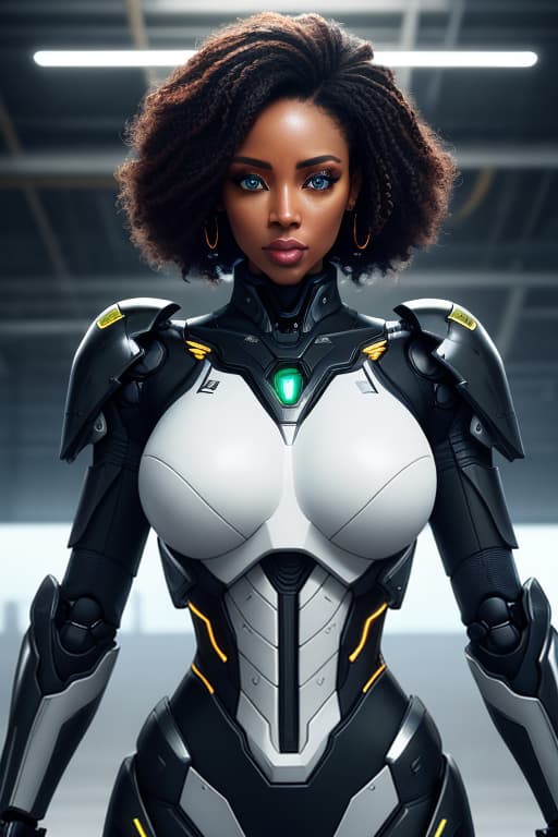  cgmech, beautiful eyes, upper body,, portrait, robot, armor, black women, african massai, neon light, 8K, RAW, best quality, masterpiece, ultra high res, colorful, (medium wide shot), (dynamic perspective), sharp focus , (depth of field, bokeh:1.3), extremely detailed eyes and face, beautiful detailed eyes,large breasts,(black gold, trimmed gear:1.2),(In a futuristic weapons factory:1.2), ((masterpiece, best quality)), <lora:more details:0.3> Detailed background, spaceship interior <lora:Niji:0.5> , afro hair, hyperrealistic, full body, detailed clothing, highly detailed, cinematic lighting, stunningly beautiful, intricate, sharp focus, f/1. 8, 85mm, (centered image composition), (professionally color graded), ((bright soft diffused light)), volumetric fog, trending on instagram, trending on tumblr, HDR 4K, 8K