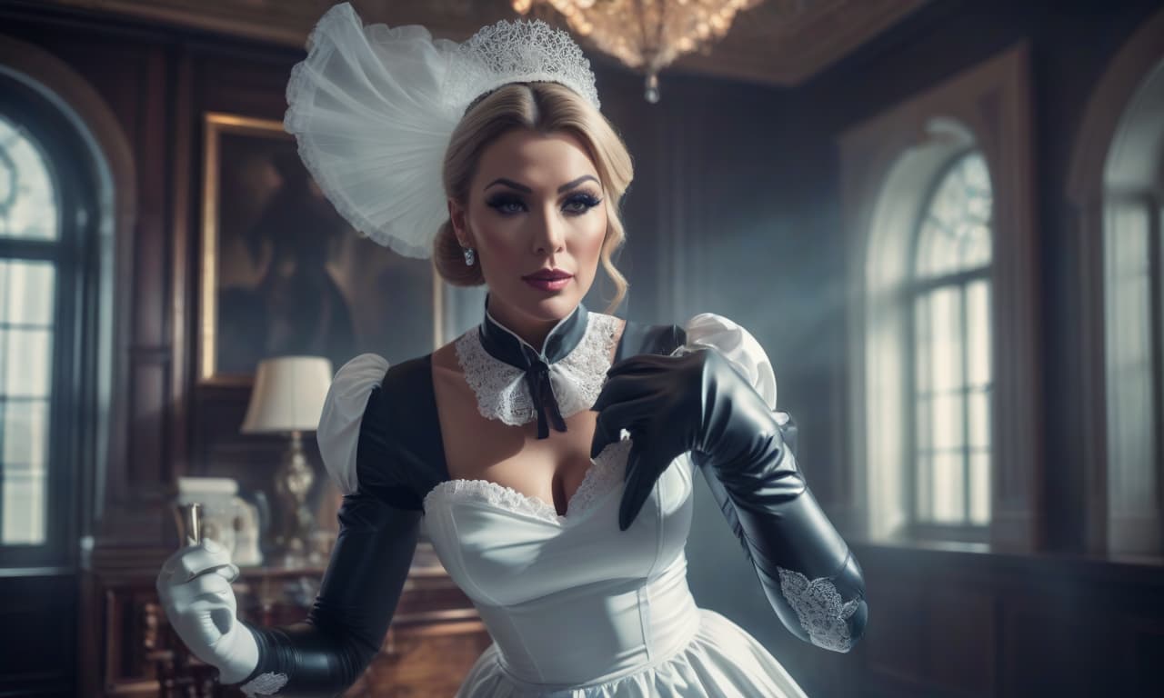  latex housemaid in gloves hyperrealistic, full body, detailed clothing, highly detailed, cinematic lighting, stunningly beautiful, intricate, sharp focus, f/1. 8, 85mm, (centered image composition), (professionally color graded), ((bright soft diffused light)), volumetric fog, trending on instagram, trending on tumblr, HDR 4K, 8K