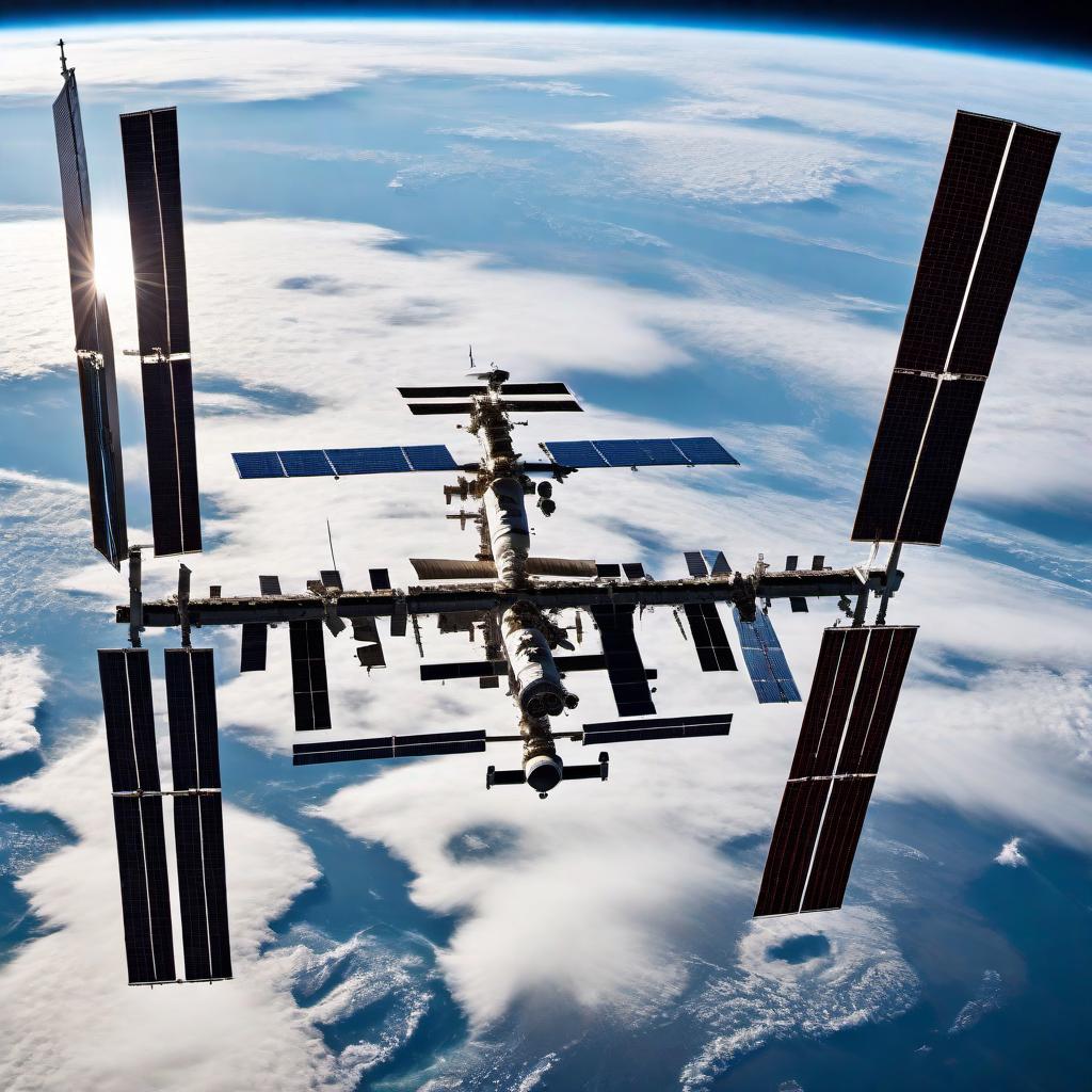  A conceptual illustration of the International Space Station (ISS) orbiting a flat Earth model for entertainment purposes. In the scene, the flat Earth is depicted as a circular plane with detailed landscapes, oceans, and continents. The ISS hovers above the flat plane, with its distinctive solar panels extended. The station's modules and components are clearly visible. Below the ISS, the flat Earth surface is shown with clear skies, some clouds, and a bright sun. The overall scene is portrayed in a semi-realistic, slightly exaggerated style to enhance the concept for entertainment purposes. hyperrealistic, full body, detailed clothing, highly detailed, cinematic lighting, stunningly beautiful, intricate, sharp focus, f/1. 8, 85mm, (centered image composition), (professionally color graded), ((bright soft diffused light)), volumetric fog, trending on instagram, trending on tumblr, HDR 4K, 8K