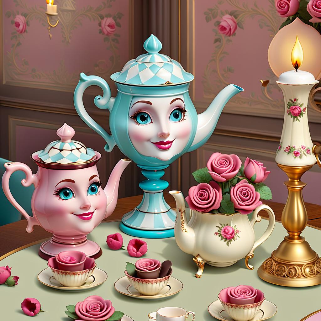  fairy tale (Background:interior). (Wallpaper):dark chocolate colour with beige monogram patterns. An antique dining table covered with a white tablecloth. On the table a gilded candlestick with a burning candle, two teapots and one cup with tea roses, plates with sponge cakes with raspberry cream. Rose petals are scattered around the set. (Tea set design): the first teapot on a high openwork leg of mint and turquoise colour, with a kind smile and blue eyes, with a blue blue wide checkerboard lid. The second teapot is pink in colour, with mother of pearl, blue eyes, with a blue pink checkered lid. (Rose cup): cream coloured with big brown eyes and a wide smile. Inside it is a bouquet of scarlet coloured tea roses. Style:anthropomorphic, fant hyperrealistic, full body, detailed clothing, highly detailed, cinematic lighting, stunningly beautiful, intricate, sharp focus, f/1. 8, 85mm, (centered image composition), (professionally color graded), ((bright soft diffused light)), volumetric fog, trending on instagram, trending on tumblr, HDR 4K, 8K