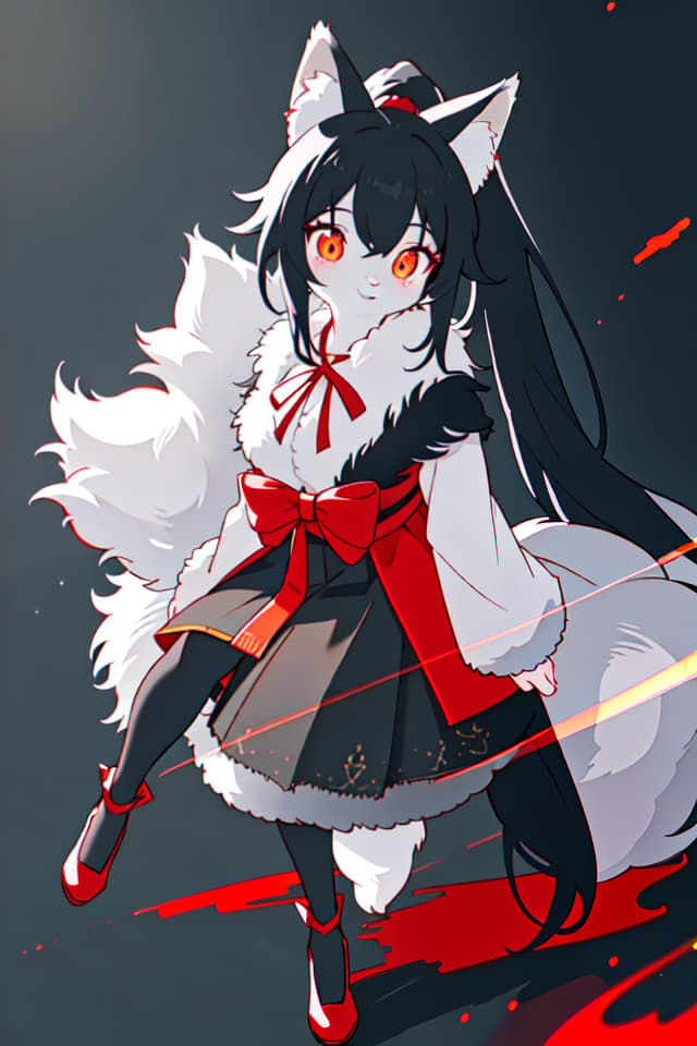  animal girl,wolf ear,furry,fur,black hair,ponytail,long hair,red ribbon,ookami hyperrealistic, full body, detailed clothing, highly detailed, cinematic lighting, stunningly beautiful, intricate, sharp focus, f/1. 8, 85mm, (centered image composition), (professionally color graded), ((bright soft diffused light)), volumetric fog, trending on instagram, trending on tumblr, HDR 4K, 8K