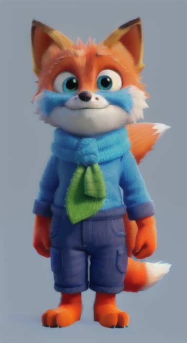  {Error the fox pressing the blue button with his paw, looking puzzled as nothing occurs., Error is a small, bright orange fox with a fluffy tail and big, inquisitive eyes. He has a mischievous yet kind expression and wears a tiny green scarf.