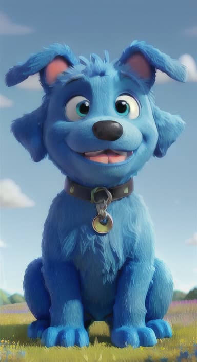  {A happy, big blue dog wagging its tail in a colorful meadow, The big blue dog is large with sky blue fur, big round eyes, a black nose, and floppy ears.