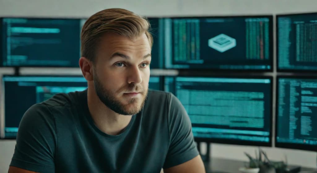  Caucasian male. An image of a focused individual in a modern, well-lit workspace, surrounded by multiple computer screens displaying various web development codes and design layouts. This visual captures the essence of learning web design, highlighting elements like PHP and Laravel development, SEO strategies, and the significance of building a strong online presence, particularly in a dynamic market like Dubai, UAE.