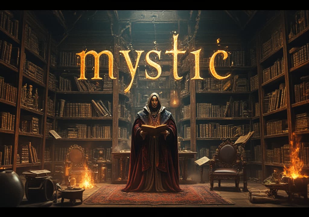  good quality, high quality, a grand, ancient library filled with arcane books and glowing artifacts, where a powerful mage recites an incantation. the word 'mystic' appears in luminous, arcane script among the shelves, rendered in a detailed photorealistic style that emphasizes the rich textures of the library and the mage’s elaborate robes.