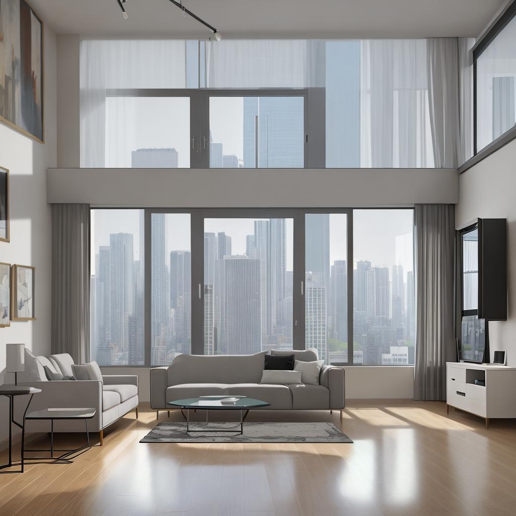  masterpiece, best quality, Best Quality, Masterpiece, 8k resolution,high resolution concept art of an apartment living room with floor to ceiling windows and modern furniture