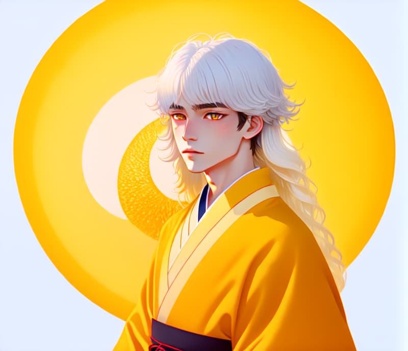 in OliDisco style young boy with long white hair, yellow eyes, wearing a kimono