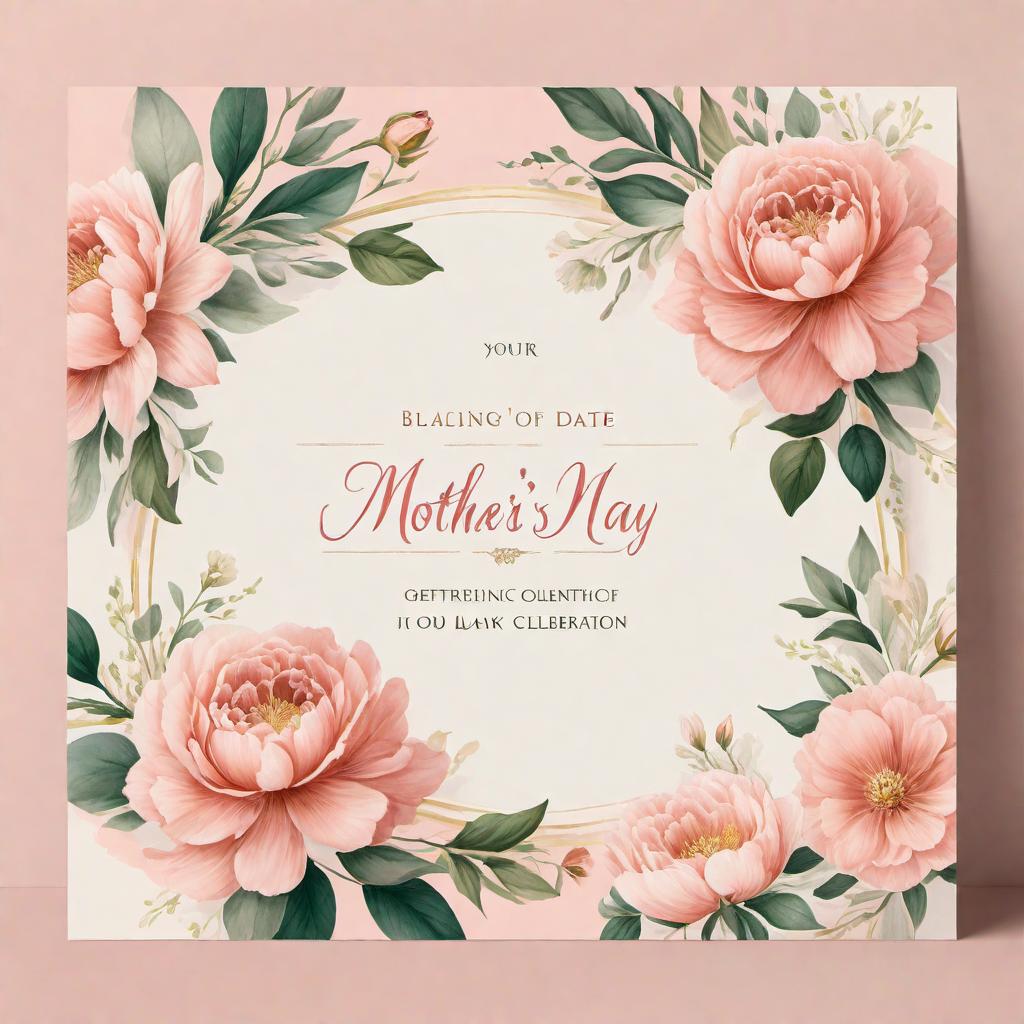  Create an elegant Mother's Day invitation card. The card should be in beautiful pastel colors, featuring the following text in a lovely and legible font: You're Invited to a Mother's Day Celebration! Date: 12 May 2024 Time: 11:00 AM Location: 82 County Rd. 657 Chancellor, AL 36316 Join us for a special Mother's Day gathering to honor all the amazing moms in our lives. Let's come together to show our love and appreciation for everything they do. Please RSVP by [date] to [contact information]. We can't wait to celebrate with you! The design should be warm and inviting, with floral elements and a design that embodies the spirit of Mother's Day. The text placeholders '[date]' and '[contact information]' should be intentionally left blank  hyperrealistic, full body, detailed clothing, highly detailed, cinematic lighting, stunningly beautiful, intricate, sharp focus, f/1. 8, 85mm, (centered image composition), (professionally color graded), ((bright soft diffused light)), volumetric fog, trending on instagram, trending on tumblr, HDR 4K, 8K