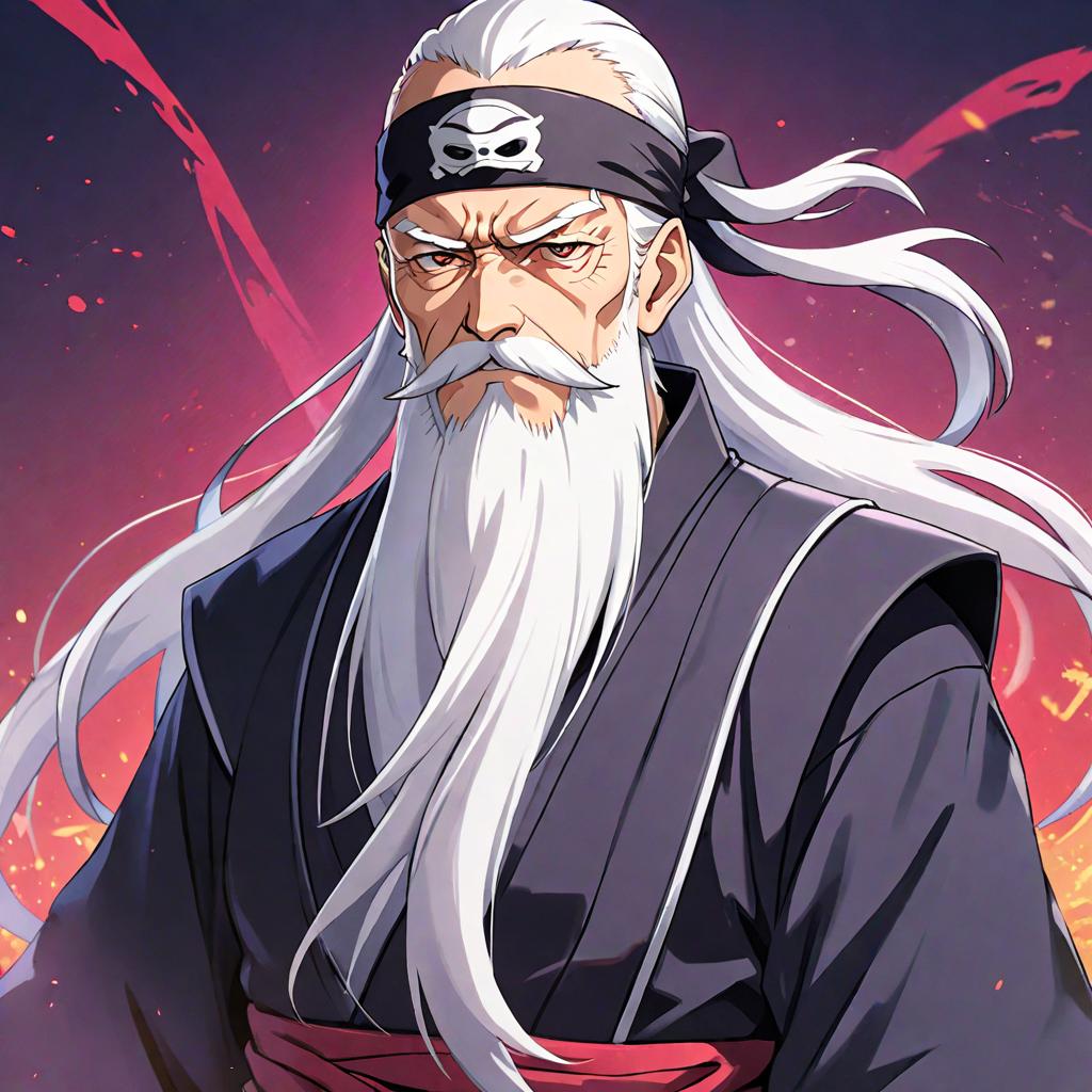  anime style artwork, (masterpiece:1.1), (highest quality:1.1), old man white beard ponytail ninja, anime style, key visual, vibrant, studio anime, highly detailed