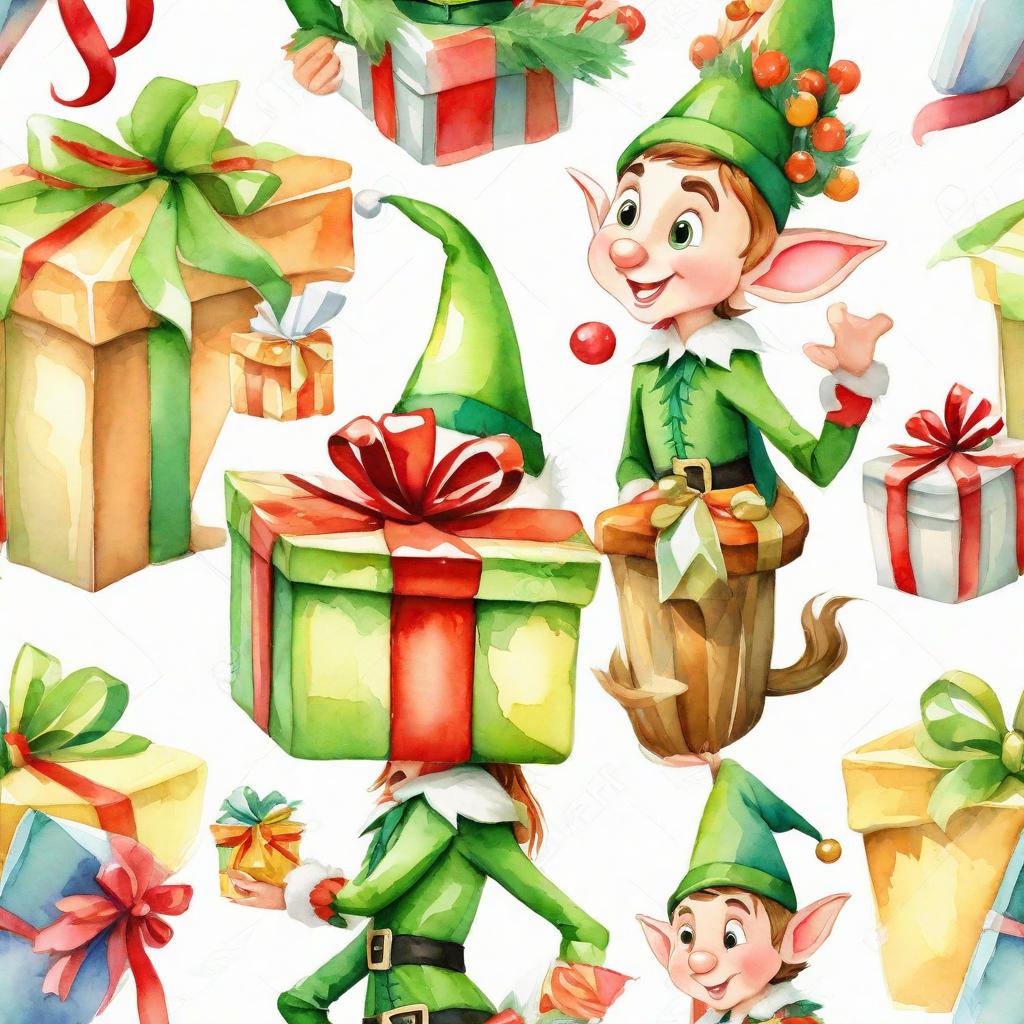 white background. a elf with a gift. watercolour. vector graphics. disney. cartoon style, cute, hyper detail, full HD hyperrealistic, full body, detailed clothing, highly detailed, cinematic lighting, stunningly beautiful, intricate, sharp focus, f/1. 8, 85mm, (centered image composition), (professionally color graded), ((bright soft diffused light)), volumetric fog, trending on instagram, trending on tumblr, HDR 4K, 8K