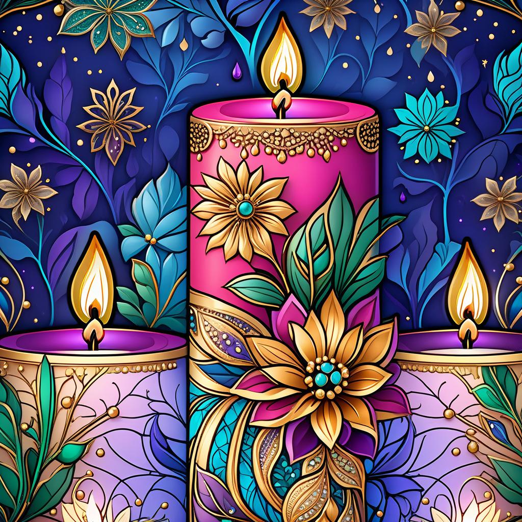  Luxury product style (Background):Dark blue night sky. In the sky turquoise golden stars and emerald fireworks. There are three candles on the background of the night sky. In the centre one is tall, on the sides wide and lower. (First candle decor)::pink framed with gold patterns and swirls of drops. In the middle of the candle is a flower bud and stem with emerald coloured leaves. Under the flower the candle is tied with a ribbon of blue blue colour. (Second and third candle decor):purple colour, framed with golden drops. In the middle is a purple coloured flower bud and stems with emerald coloured leaves. Zentangle have the signature uneven edge and rounded corners. The original tiles are in the form of geometric shapes: square, triangle, hyperrealistic, full body, detailed clothing, highly detailed, cinematic lighting, stunningly beautiful, intricate, sharp focus, f/1. 8, 85mm, (centered image composition), (professionally color graded), ((bright soft diffused light)), volumetric fog, trending on instagram, trending on tumblr, HDR 4K, 8K