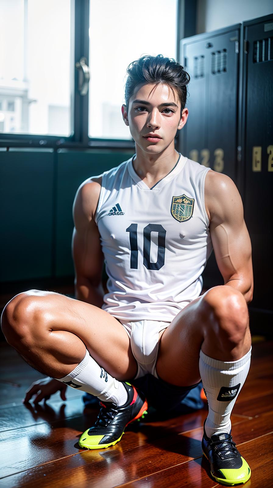  ultra high res, (photorealistic:1.4), raw photo, (realistic face), realistic eyes, (realistic skin), <lora:XXMix9_v20LoRa:0.8>, handsome, (male:2), (young soccer players:1.3), (pompadour:1.1), (white briefs:1.3), (sleeveless:1.2), spike shoes, (soccer shin guards:1.3), young, sitting posture, (spread legs:1.1), real skin, (sexy posing:1.3), hot guy, (muscular:1.3), naked, (bulge:1.1), trained calves, thigh, realistic, lifelike, high quality, photos taken with a single-lens reflex camera, (looking at the camera:1.2), (locker room:1.1)