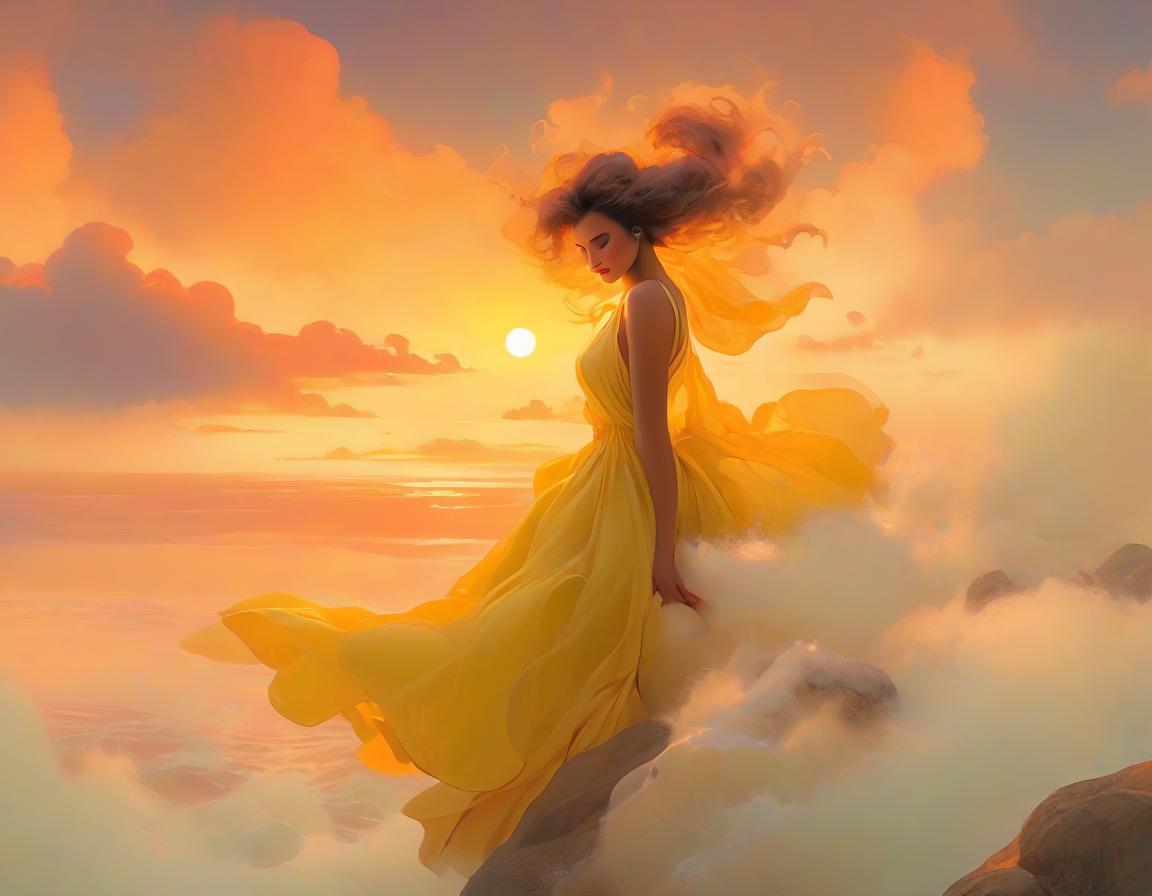  retro game art A painting of a woman in a flowing yellow dress reclining on rocks with a sunset over a body of water in the background. . 16 bit, vibrant colors, pixelated, nostalgic, charming, fun hyperrealistic, full body, detailed clothing, highly detailed, cinematic lighting, stunningly beautiful, intricate, sharp focus, f/1. 8, 85mm, (centered image composition), (professionally color graded), ((bright soft diffused light)), volumetric fog, trending on instagram, trending on tumblr, HDR 4K, 8K