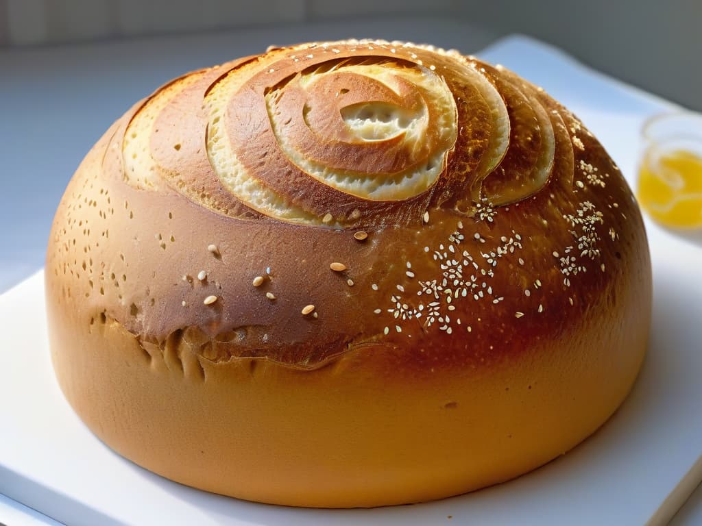  A closeup, ultradetailed photograph of a goldenbrown crust of a perfectly baked artisan loaf of bread, showcasing intricate patterns formed during the baking process. The texture is rich with visible air pockets, and the surface glistens slightly under a soft light, highlighting the meticulous scoring marks. The contrast between the crispy exterior and the soft crumb inside is evident, embodying the essence of flawless baking. hyperrealistic, full body, detailed clothing, highly detailed, cinematic lighting, stunningly beautiful, intricate, sharp focus, f/1. 8, 85mm, (centered image composition), (professionally color graded), ((bright soft diffused light)), volumetric fog, trending on instagram, trending on tumblr, HDR 4K, 8K