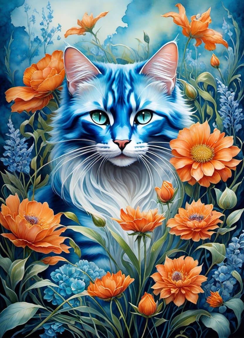  Art Nouveau style Watercolour detailed painting. Far background. A detailed image of a blue fluffy рыжий Cat sitting in a clearing in a magical, unreal, mystical ring of flowers and grasses. Detailed texture of fluffy fur: variety and depth of different shades of blue and turquoise. Dürer's realism. Background: surrealist abstractionism: expressive brushstrokes that complement the painting with bright, warm orange hues. Stylistics: neo rococo, surrealism, fairy tale. In the manner of Carole Baca, Julie Dillon, Camille de Errico. High quality, harmonic composition. . elegant, decorative, curvilinear forms, nature inspired, ornate, detailed hyperrealistic, full body, detailed clothing, highly detailed, cinematic lighting, stunningly beautiful, intricate, sharp focus, f/1. 8, 85mm, (centered image composition), (professionally color graded), ((bright soft diffused light)), volumetric fog, trending on instagram, trending on tumblr, HDR 4K, 8K