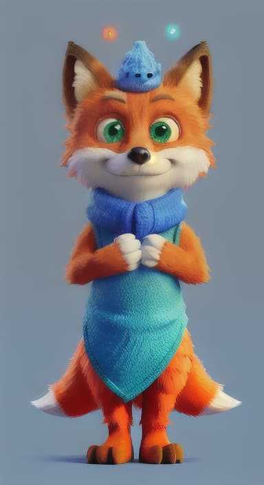  {Error the fox pressing the blue button with his paw, looking puzzled as nothing occurs., Error is a small, bright orange fox with a fluffy tail and big, inquisitive eyes. He has a mischievous yet kind expression and wears a tiny green scarf.