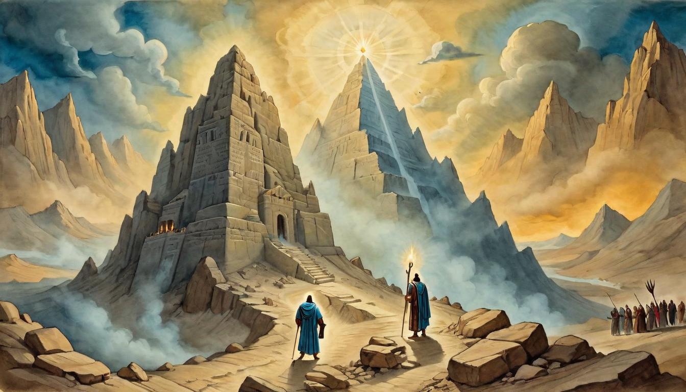  on parchment, surrealism+++, Moses descending Mount Sinai, face shining brightly, ten commandments in hand, ethereal, overwhelming glow, biblical scene(mysterious, provocative, symbolic,muted color)+++