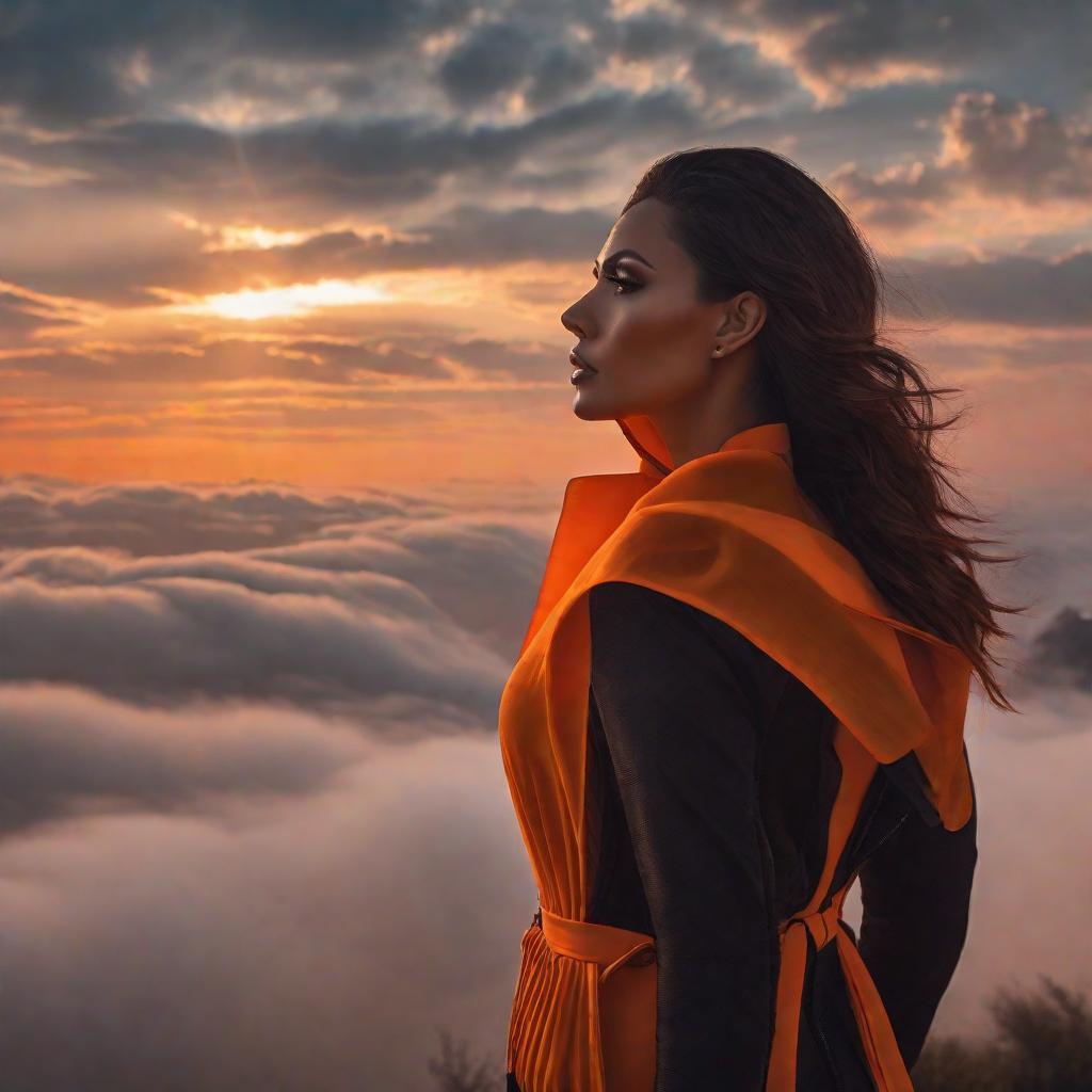  Orange sky with clouds hyperrealistic, full body, detailed clothing, highly detailed, cinematic lighting, stunningly beautiful, intricate, sharp focus, f/1. 8, 85mm, (centered image composition), (professionally color graded), ((bright soft diffused light)), volumetric fog, trending on instagram, trending on tumblr, HDR 4K, 8K