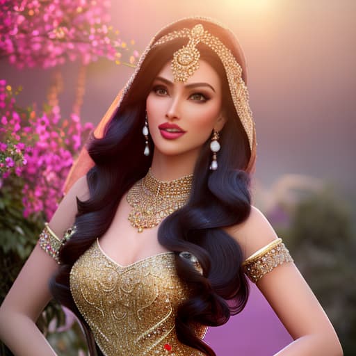 redshift style Princess Jasmine hyperrealistic, full body, detailed clothing, highly detailed, cinematic lighting, stunningly beautiful, intricate, sharp focus, f/1. 8, 85mm, (centered image composition), (professionally color graded), ((bright soft diffused light)), volumetric fog, trending on instagram, trending on tumblr, HDR 4K, 8K