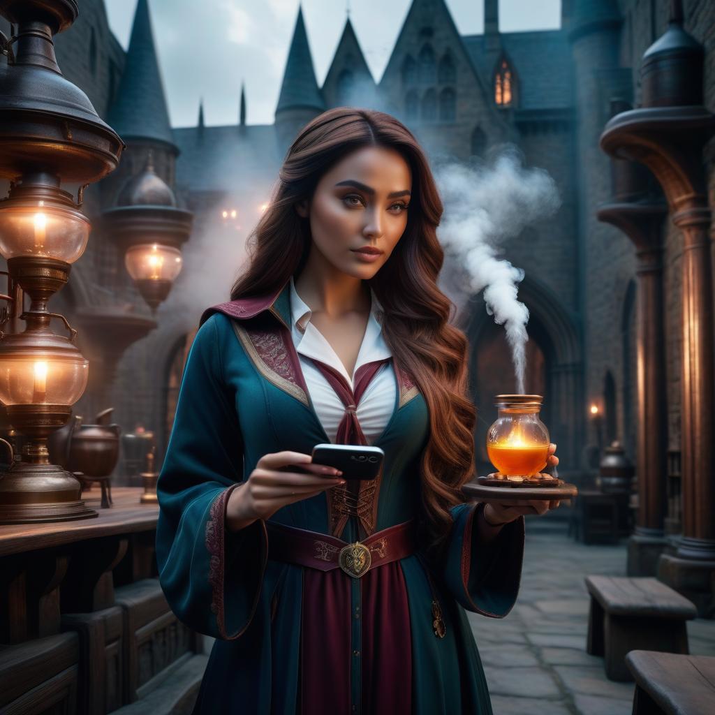  A girl is holding a phone in one hand and brewing potion with the other in Hogwarts. hyperrealistic, full body, detailed clothing, highly detailed, cinematic lighting, stunningly beautiful, intricate, sharp focus, f/1. 8, 85mm, (centered image composition), (professionally color graded), ((bright soft diffused light)), volumetric fog, trending on instagram, trending on tumblr, HDR 4K, 8K