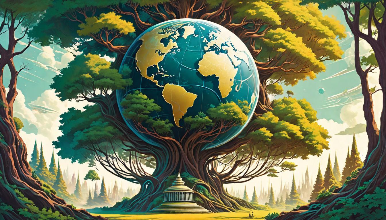  retro futuristic Globe cradled in a network of flourishing trees, roots intertwined below earth, branches stretch outward, connecting skies, earth tones dominate, symbiosis lvintage sci fi, 50s and 60s style, atomic age, vibrant, highly detailed