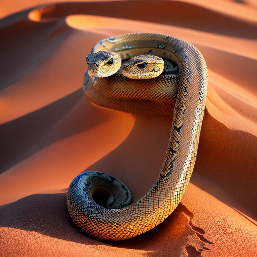  ((masterpiece)),(((best quality))), 8k, high detailed, ultra-detailed. An extraordinary blend of a snake and a breathtaking landscape. The snake, with its sinuous body, elegantly glides through a desert dune illuminated by the setting sun. The sands ripple with each movement, creating a mesmerizing pattern that complements the snake's scales. In the distance, towering sandstone formations create a dramatic backdrop, bathed in warm, golden light. The landscape also includes a vast expanse of arid desert, adorned with tufts of desert plants and cacti. This artwork is rendered in a hyper-realistic style, allowing every grain of sand and every curve of the snake to be captured in immense detail. The medium for this masterpiece is a combination  hyperrealistic, full body, detailed clothing, highly detailed, cinematic lighting, stunningly beautiful, intricate, sharp focus, f/1. 8, 85mm, (centered image composition), (professionally color graded), ((bright soft diffused light)), volumetric fog, trending on instagram, trending on tumblr, HDR 4K, 8K