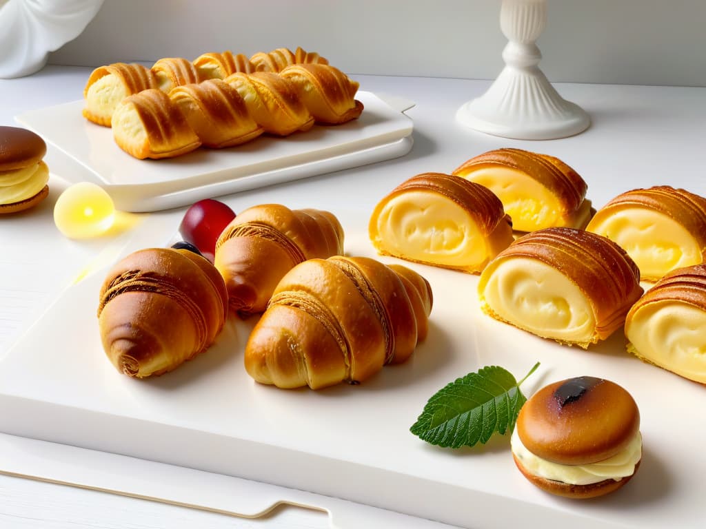  A highresolution, ultradetailed image of a beautifully arranged spread of keto French pastries, including golden brown croissants, colorful macarons, and other delicate pastries, all presented on a sleek, modern white platter with soft natural lighting casting gentle shadows, highlighting the intricate details of each pastry. The pastries are elegantly arranged in a visually appealing composition, showcasing their textures and colors in a minimalistic style that exudes sophistication and allure. hyperrealistic, full body, detailed clothing, highly detailed, cinematic lighting, stunningly beautiful, intricate, sharp focus, f/1. 8, 85mm, (centered image composition), (professionally color graded), ((bright soft diffused light)), volumetric fog, trending on instagram, trending on tumblr, HDR 4K, 8K