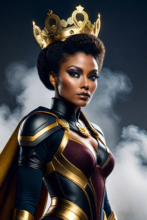  Black Women, Queen super hero stood high, behind her, looking straight, afro hair , black eyes, dark skin, gold crown hyperrealistic, full body, detailed clothing, highly detailed, cinematic lighting, stunningly beautiful, intricate, sharp focus, f/1. 8, 85mm, (centered image composition), (professionally color graded), ((bright soft diffused light)), volumetric fog, trending on instagram, trending on tumblr, HDR 4K, 8K