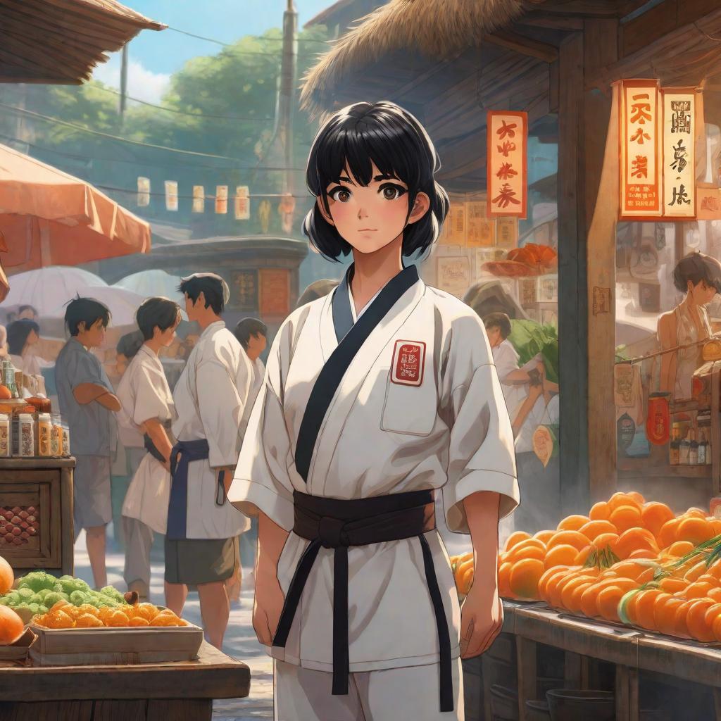  A black haired child wearing a karate uniform standing in line for a juice vendor., anime concept art by Hayao Miyazaki, featured on pixiv, fantasy art, concept art, official art, high detailed hyperrealistic, full body, detailed clothing, highly detailed, cinematic lighting, stunningly beautiful, intricate, sharp focus, f/1. 8, 85mm, (centered image composition), (professionally color graded), ((bright soft diffused light)), volumetric fog, trending on instagram, trending on tumblr, HDR 4K, 8K