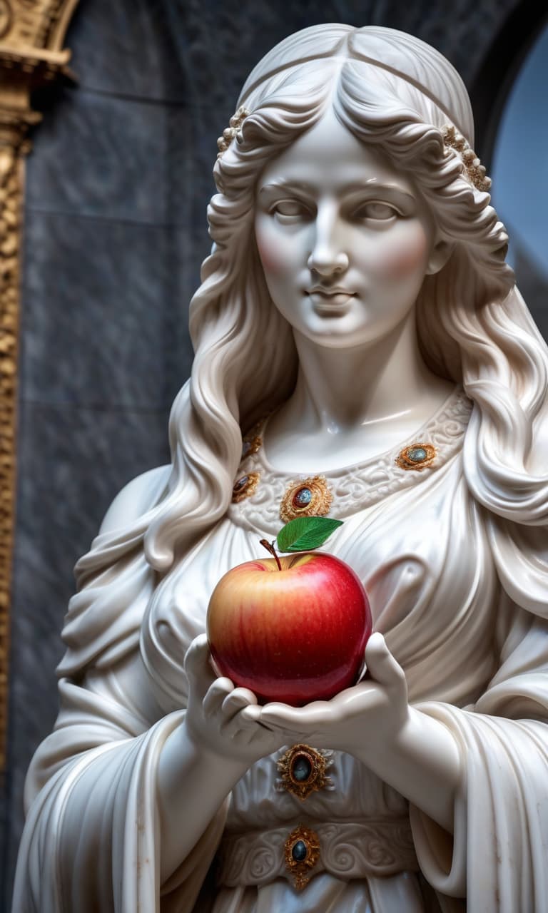  Digital image. Close up. (Marble) statue of Paris. Holds out a red apple in the palm of her hand and looks at me. Background: picture gallery in a museum. hyperrealistic, full body, detailed clothing, highly detailed, cinematic lighting, stunningly beautiful, intricate, sharp focus, f/1. 8, 85mm, (centered image composition), (professionally color graded), ((bright soft diffused light)), volumetric fog, trending on instagram, trending on tumblr, HDR 4K, 8K