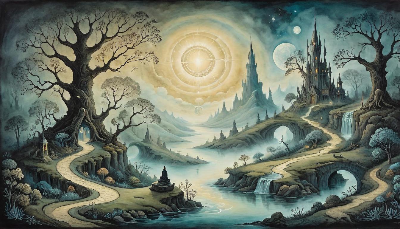  on parchment, surrealism+++, Streams of ethereal light weaving through the darkness, symbolizing insights from dreams and meditation, faint outlines of past and future vistas merge in a mystical tableau, otherworldly, serene, enigmatic(mysterious, provocative, symbolic,muted color)+++