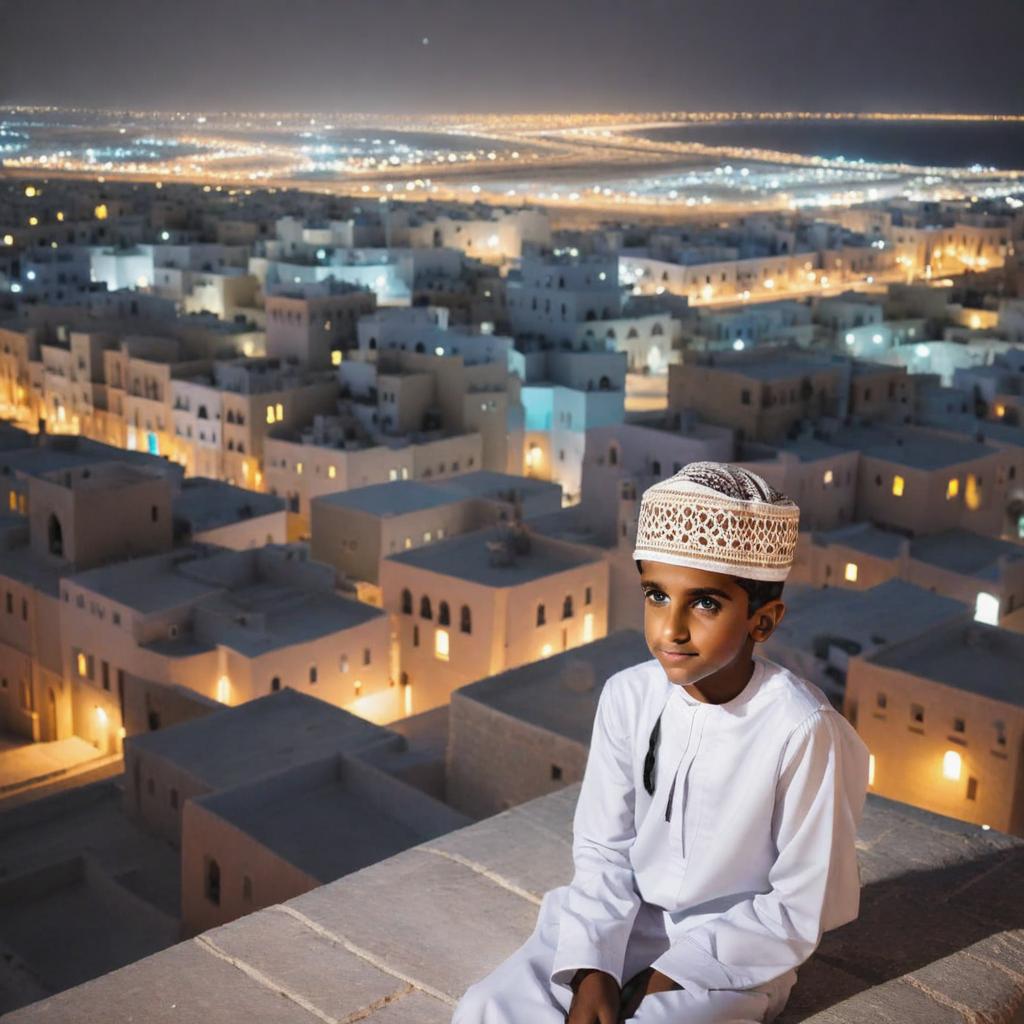  a photo of a omani boy sitting in front of a city at night