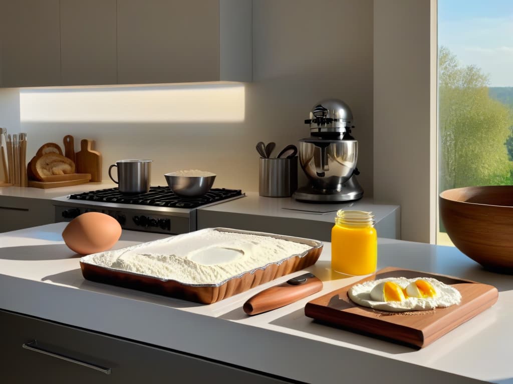  An ultradetailed 8k image of a sleek, modern kitchen with a pristine marble countertop showcasing an array of meticulously arranged baking tools and ingredients including measuring cups, flour, eggs, and a rolling pin. The sunlight streaming through a nearby window casts a soft, inviting glow on the scene, emphasizing the precision and care that goes into safe baking practices. The minimalist aesthetic highlights the importance of organization and attention to detail in creating a safe and inspiring baking environment. hyperrealistic, full body, detailed clothing, highly detailed, cinematic lighting, stunningly beautiful, intricate, sharp focus, f/1. 8, 85mm, (centered image composition), (professionally color graded), ((bright soft diffused light)), volumetric fog, trending on instagram, trending on tumblr, HDR 4K, 8K