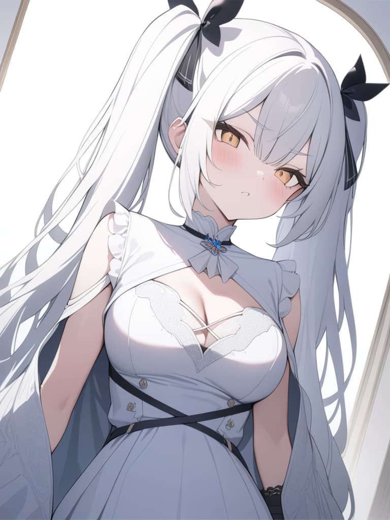  White hair, twin tails, click ears, murry eyebrows, center divisions, girls, white dresses, short cloak, masterpiece, best quality,8k,ultra detailed,high resolution,an extremely delicate and beautiful,hyper detail