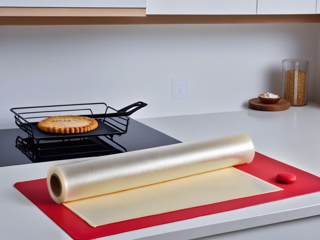  A minimalist yet striking image contrasting a Silpat silicone baking mat and a sheet of parchment paper side by side on a sleek, modern kitchen counter. The Silpat, with its signature red border, exudes a sense of durability and quality, while the parchment paper appears pristine and ready for use. The image captures the essence of the comparison between these two baking essentials, showcasing their key features without unnecessary distractions. hyperrealistic, full body, detailed clothing, highly detailed, cinematic lighting, stunningly beautiful, intricate, sharp focus, f/1. 8, 85mm, (centered image composition), (professionally color graded), ((bright soft diffused light)), volumetric fog, trending on instagram, trending on tumblr, HDR 4K, 8K