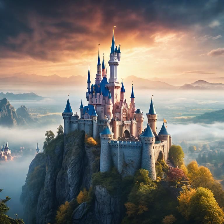  Fantasy castle overlooking a magical kingdom hyperrealistic, full body, detailed clothing, highly detailed, cinematic lighting, stunningly beautiful, intricate, sharp focus, f/1. 8, 85mm, (centered image composition), (professionally color graded), ((bright soft diffused light)), volumetric fog, trending on instagram, trending on tumblr, HDR 4K, 8K