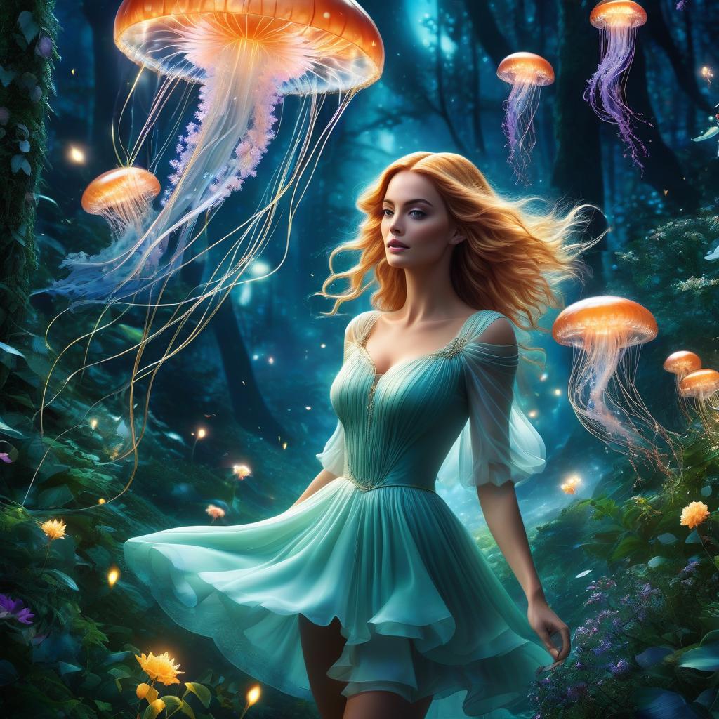  Emma Enchanted Neverland, vector graphics, drawing, small flying jellyfish, magical sparks at night, magical forest, various angles, detailed depiction, beautiful shrubs and flowers. hyperrealistic, full body, detailed clothing, highly detailed, cinematic lighting, stunningly beautiful, intricate, sharp focus, f/1. 8, 85mm, (centered image composition), (professionally color graded), ((bright soft diffused light)), volumetric fog, trending on instagram, trending on tumblr, HDR 4K, 8K