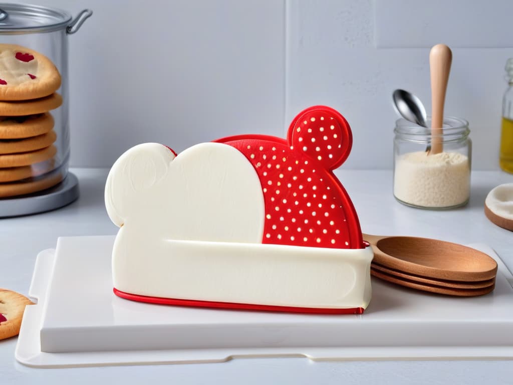  A highresolution, minimalist image of a classic red and white polkadotted Mickey Mouse oven mitt surrounded by various baking utensils such as a whisk, measuring cups, and cookie cutters, all neatly arranged on a clean, white marble countertop. The focus is on the iconic oven mitt, with soft natural lighting casting subtle shadows, creating a visually appealing and inviting scene for baking enthusiasts. hyperrealistic, full body, detailed clothing, highly detailed, cinematic lighting, stunningly beautiful, intricate, sharp focus, f/1. 8, 85mm, (centered image composition), (professionally color graded), ((bright soft diffused light)), volumetric fog, trending on instagram, trending on tumblr, HDR 4K, 8K