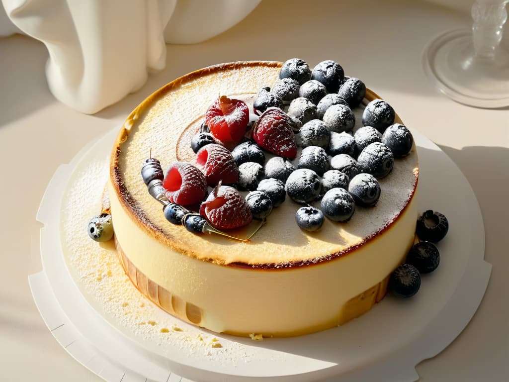  An ultradetailed photograph featuring a closeup shot of a decadent cheesecake with a perfectly smooth and creamy texture, topped with fresh berries and a delicate dusting of powdered sugar. The vibrant colors of the berries pop against the creamy backdrop, showcasing the luxurious appearance of this gourmet dessert. The lighting is soft, casting a subtle glow on the dessert to highlight its intricate details and inviting texture, making it a visually enticing image for the article on gourmet cheese in pastry. hyperrealistic, full body, detailed clothing, highly detailed, cinematic lighting, stunningly beautiful, intricate, sharp focus, f/1. 8, 85mm, (centered image composition), (professionally color graded), ((bright soft diffused light)), volumetric fog, trending on instagram, trending on tumblr, HDR 4K, 8K