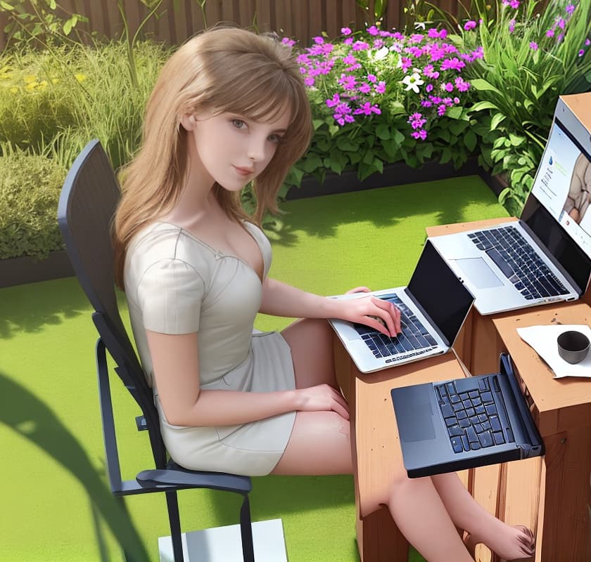  Beautiful girl sits working on the laptop in the garden